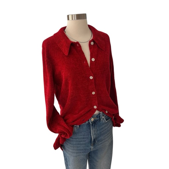 Vintage Sweaters - Vintage 90s Denim & Co. red chenille cardigan sweater S